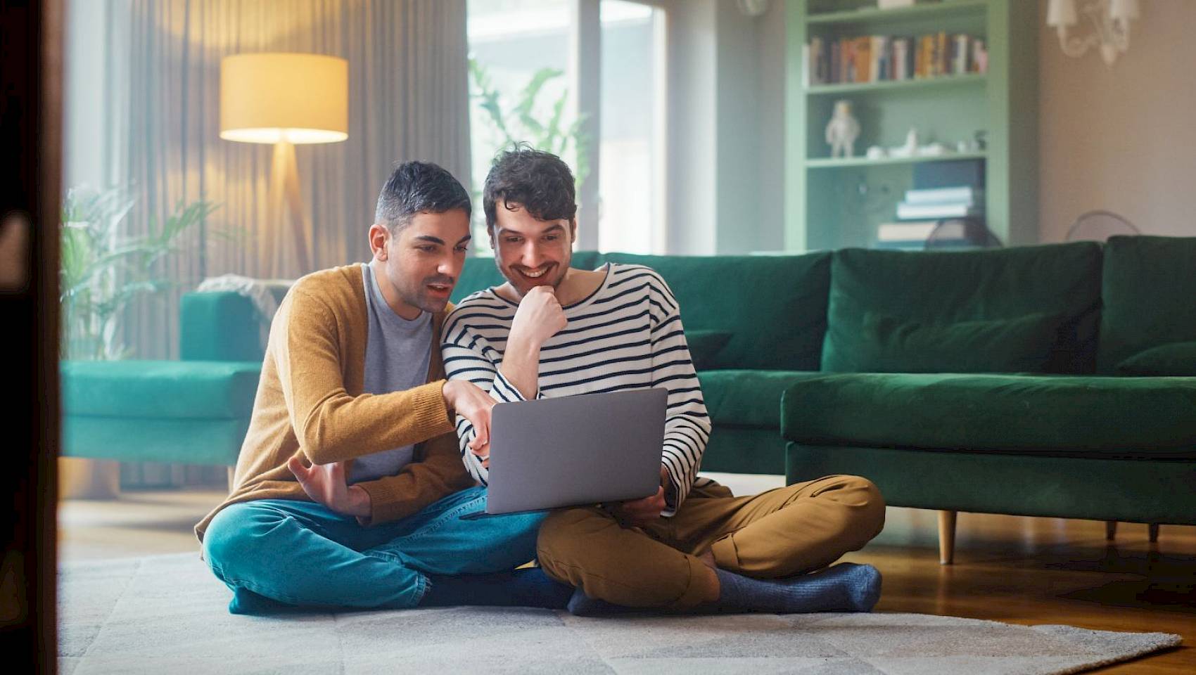 Young male couple sitting in their new home viewing a laptop
