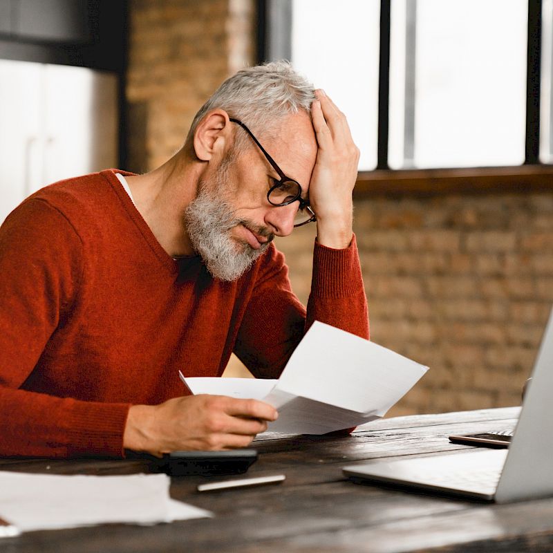 middle aged man looking at bills in front of laptop