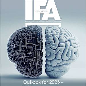 The IFA magazine, February edition, focus on innovation. Image on cover is a brain, half of which is human, the other half is digital represented by pathways