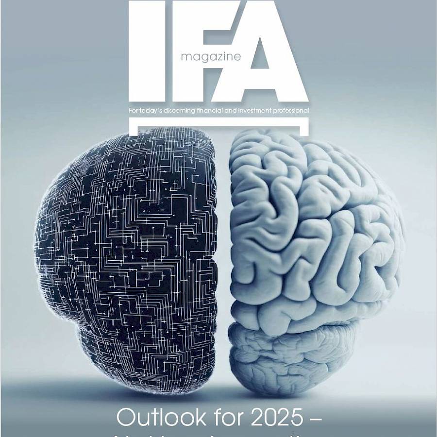 The IFA magazine, February edition, focus on innovation. Image on cover is a brain, half of which is human, the other half is digital represented by pathways