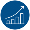 bar chart going up with arrow graphic white on blue