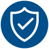 White shield with tick incon on blue circle background