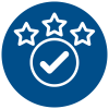 white icon of 3 stars  over a tick symbol on a blue circle background