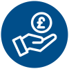 White gand icon holding pound coin symbol on blue circle backgroud