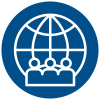 white icon of 3 people against a globe on a blue circle background