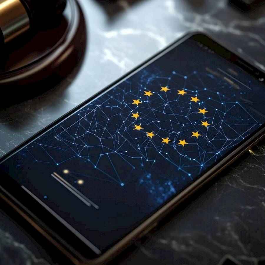 A smartphone screen shows the EU flag with a gavel and a sound block. This image represents concepts like artificial intelligence, the EU's legal system, and its rules.