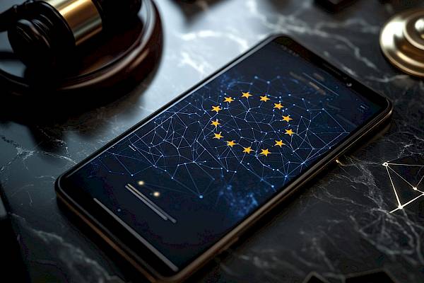 A smartphone screen shows the EU flag with a gavel and a sound block. This image represents concepts like artificial intelligence, the EU's legal system, and its rules.